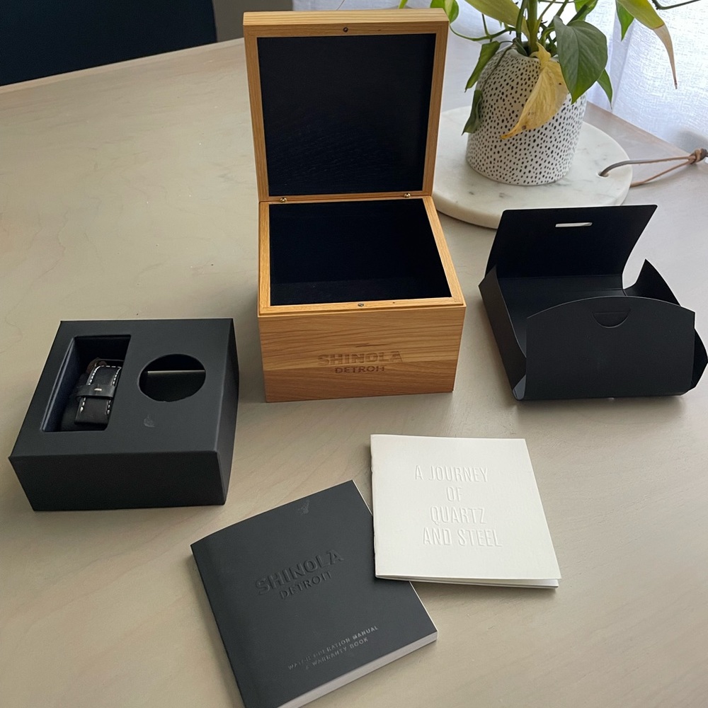 Shinola wooden watch box, booklets, used leather band.